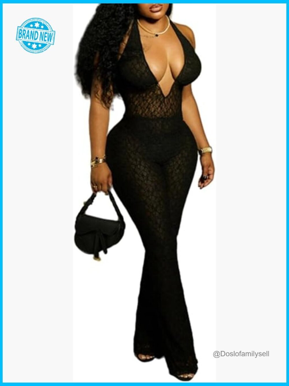 See Through Lace Jumpsuit V Neck Sleeveless Halter Sexy Outfit Clubwear Jumpsuit
